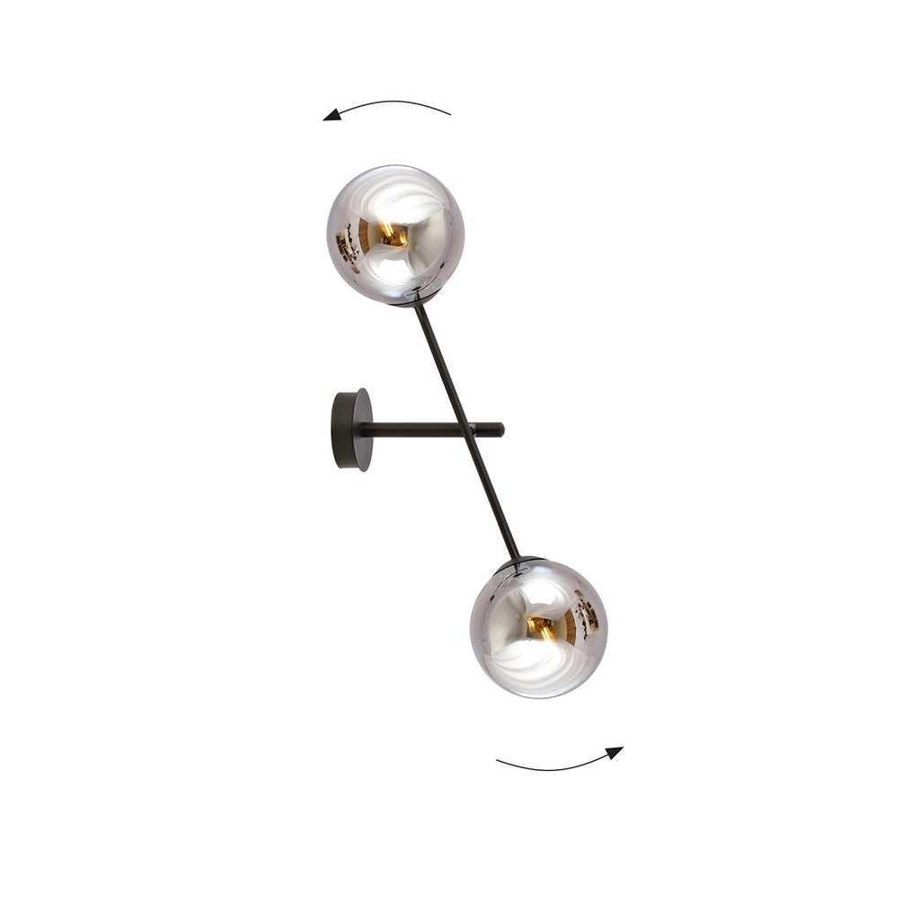 Wandlamp gepoedercoat staal en glas Linear K2, zwart met grafiet glazen kappen, 2 lichtpunten, E14