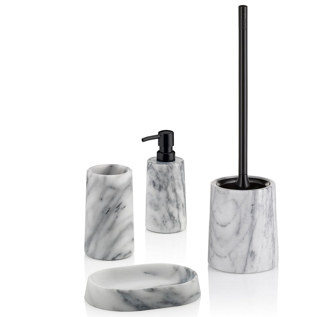 Toiletborstel met houder marmer Varda wit en zwart, met vervangbare borstelkop, voor de badkamer