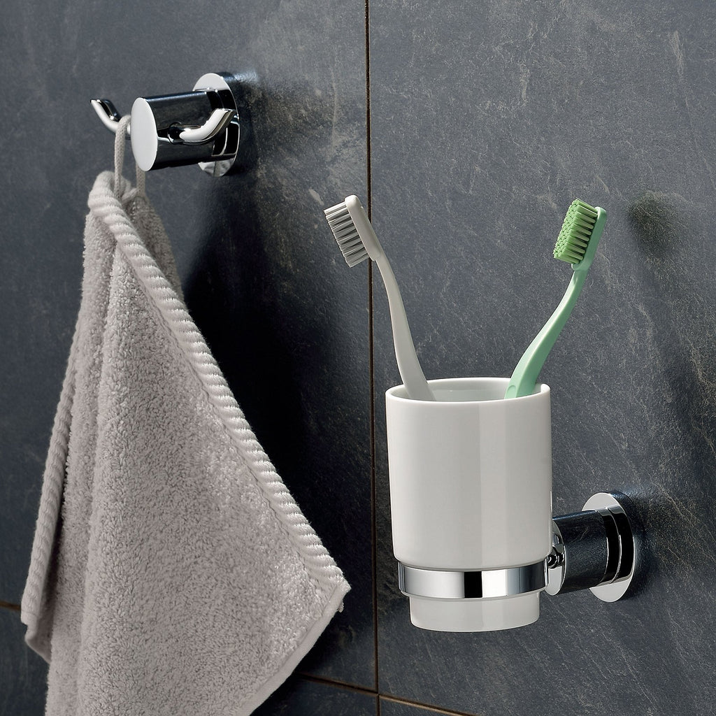 Toiletborstel met houder keramiek en messing Makira wit, wandmontage zonder boren of met schroeven