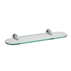 Transparante glazen badkamerplank met afgeronde hoeken en twee chroomkleurige wandhouders