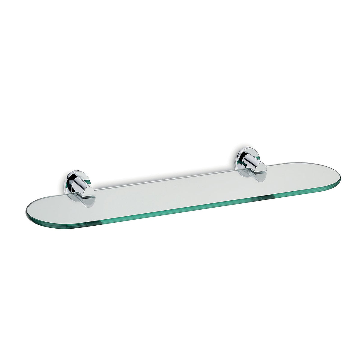 Transparante glazen badkamerplank met afgeronde hoeken en twee chroomkleurige wandhouders