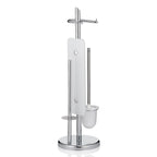Toiletset verchroomd metaal Ken, toiletborstel en toiletrolhouder staand, zilver – 73 cm hoog