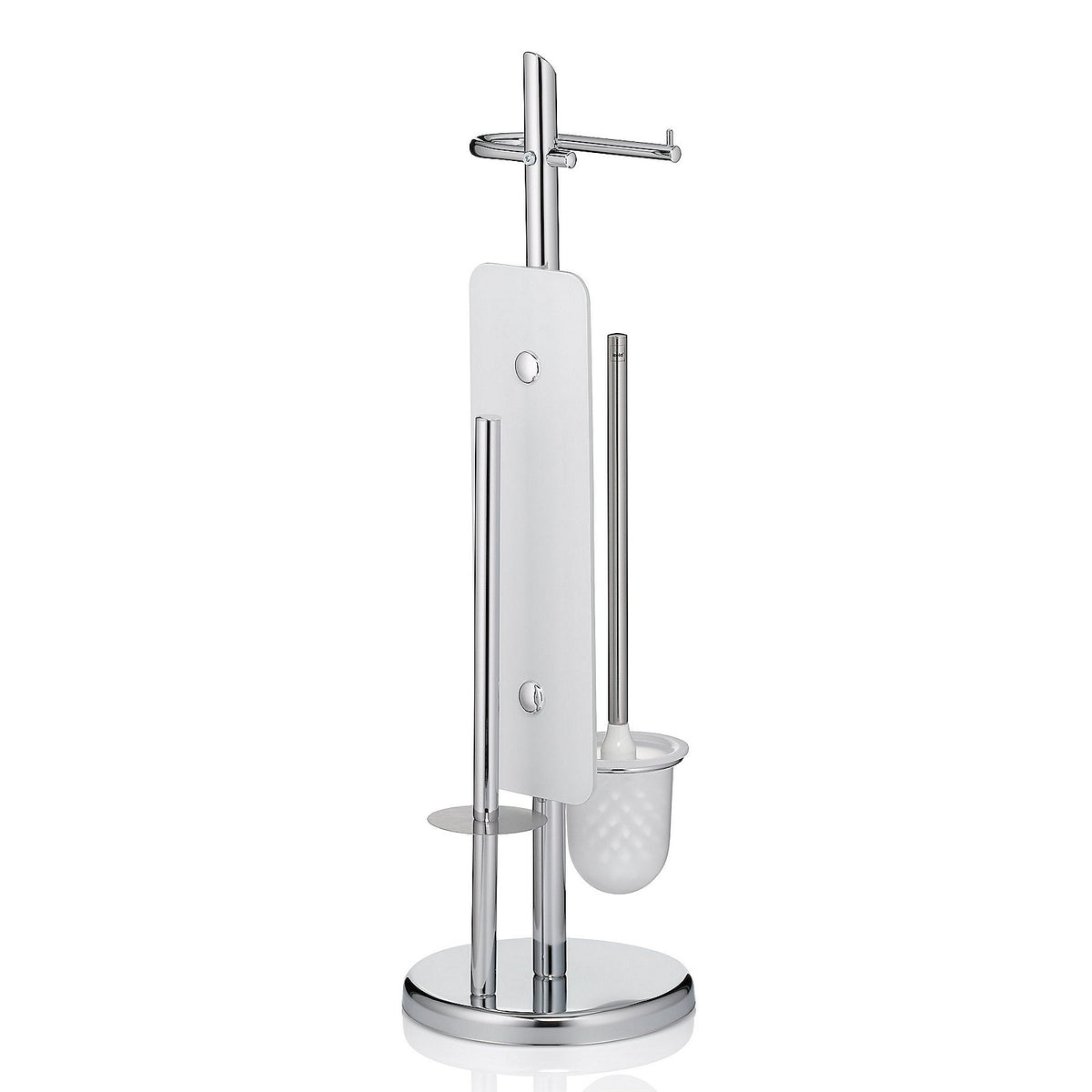 Toiletset verchroomd metaal Ken, toiletborstel en toiletrolhouder staand, zilver – 73 cm hoog