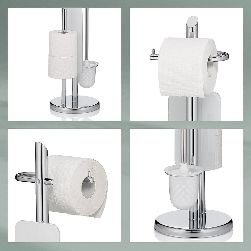 Toiletset verchroomd metaal Ken, toiletborstel en toiletrolhouder staand, zilver – 73 cm hoog