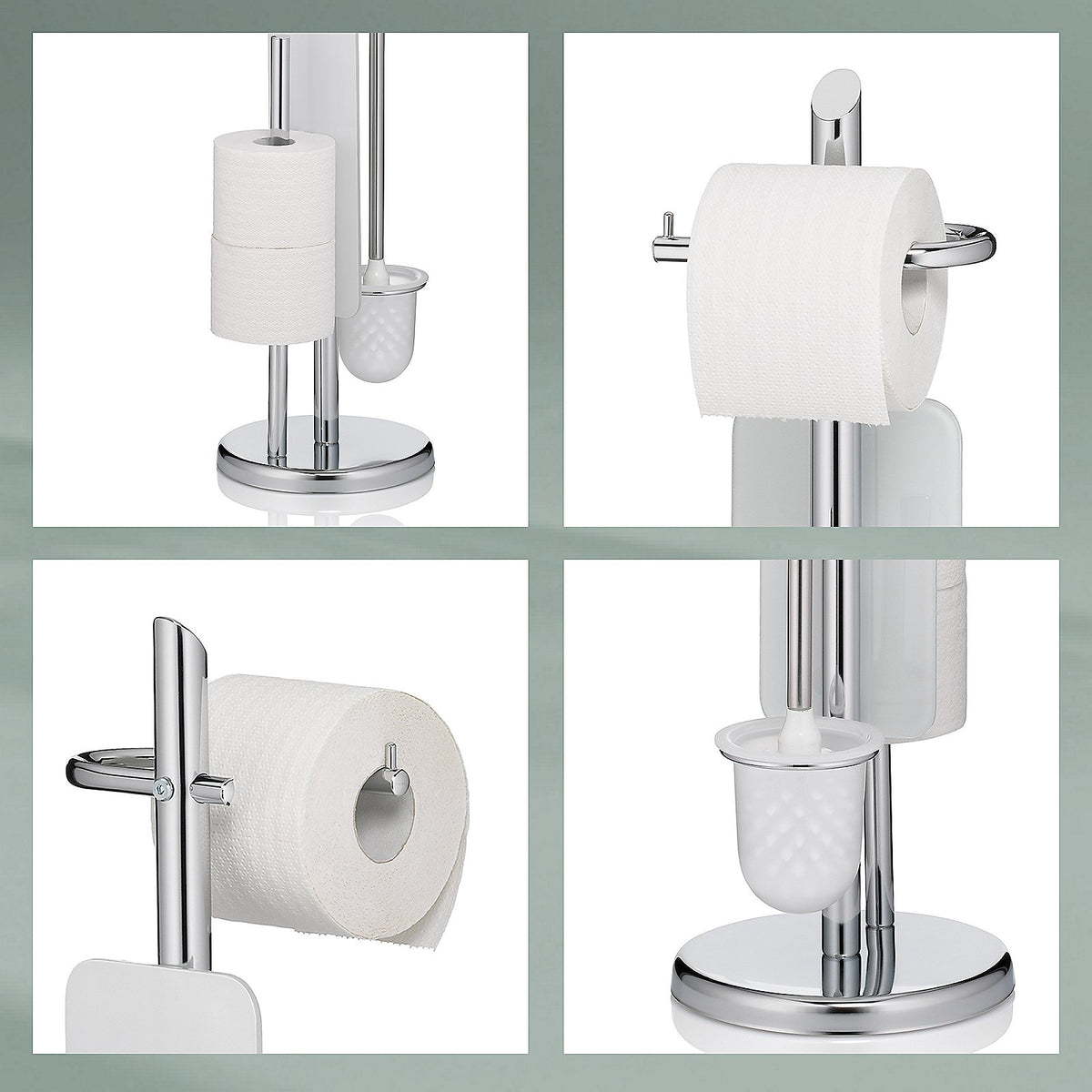 Toiletset verchroomd metaal Ken, toiletborstel en toiletrolhouder staand, zilver – 73 cm hoog