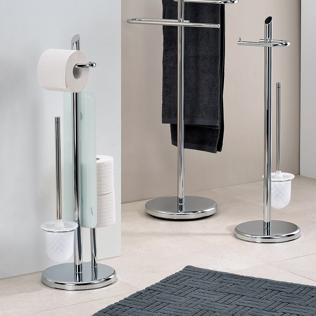 Toiletset verchroomd metaal Ken, toiletborstel en toiletrolhouder staand, zilver – 73 cm hoog