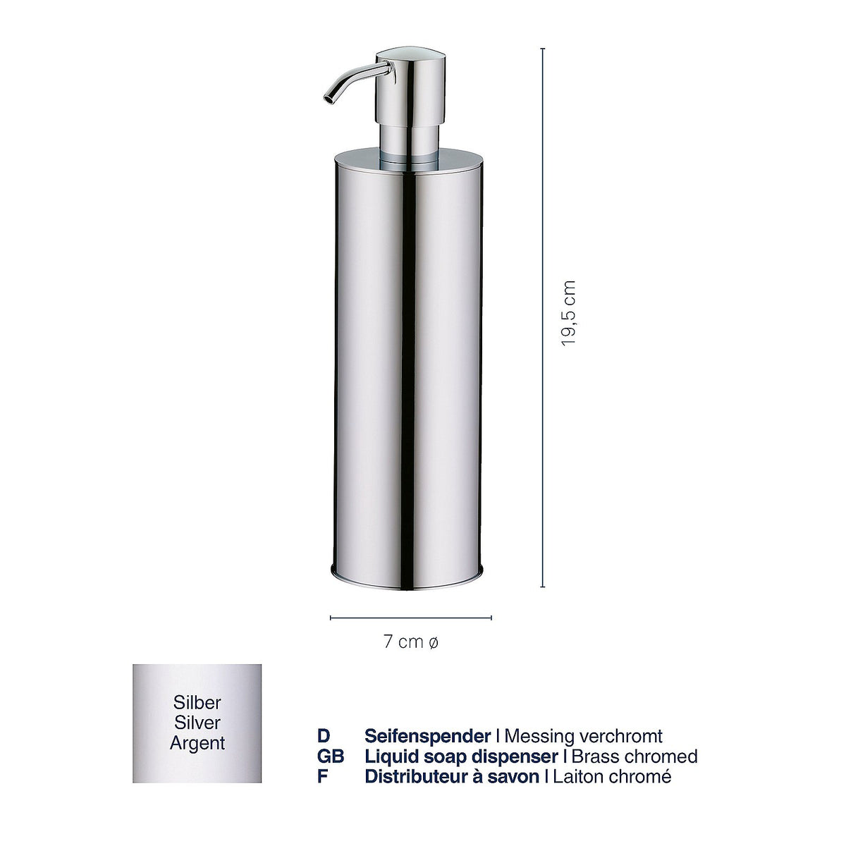 Zeepdispenser massief messing zilverkleurig, 400 ml, hoogte 23,5 cm, met pomp voor badkamer en keuken