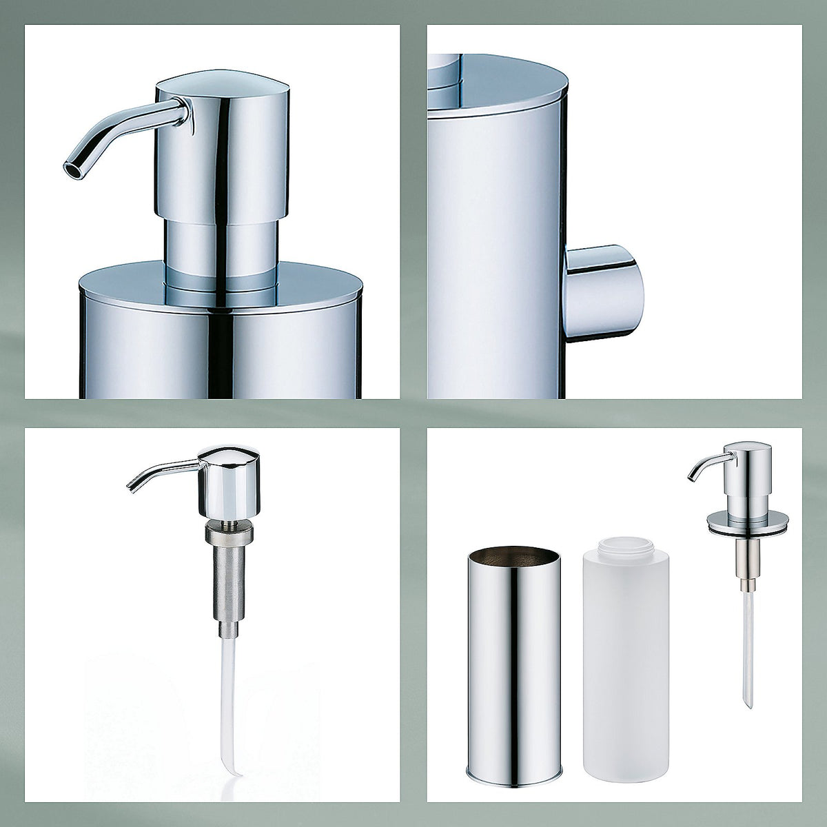 Zeepdispenser massief messing zilverkleurig, 400 ml, hoogte 23,5 cm, met pomp voor badkamer en keuken