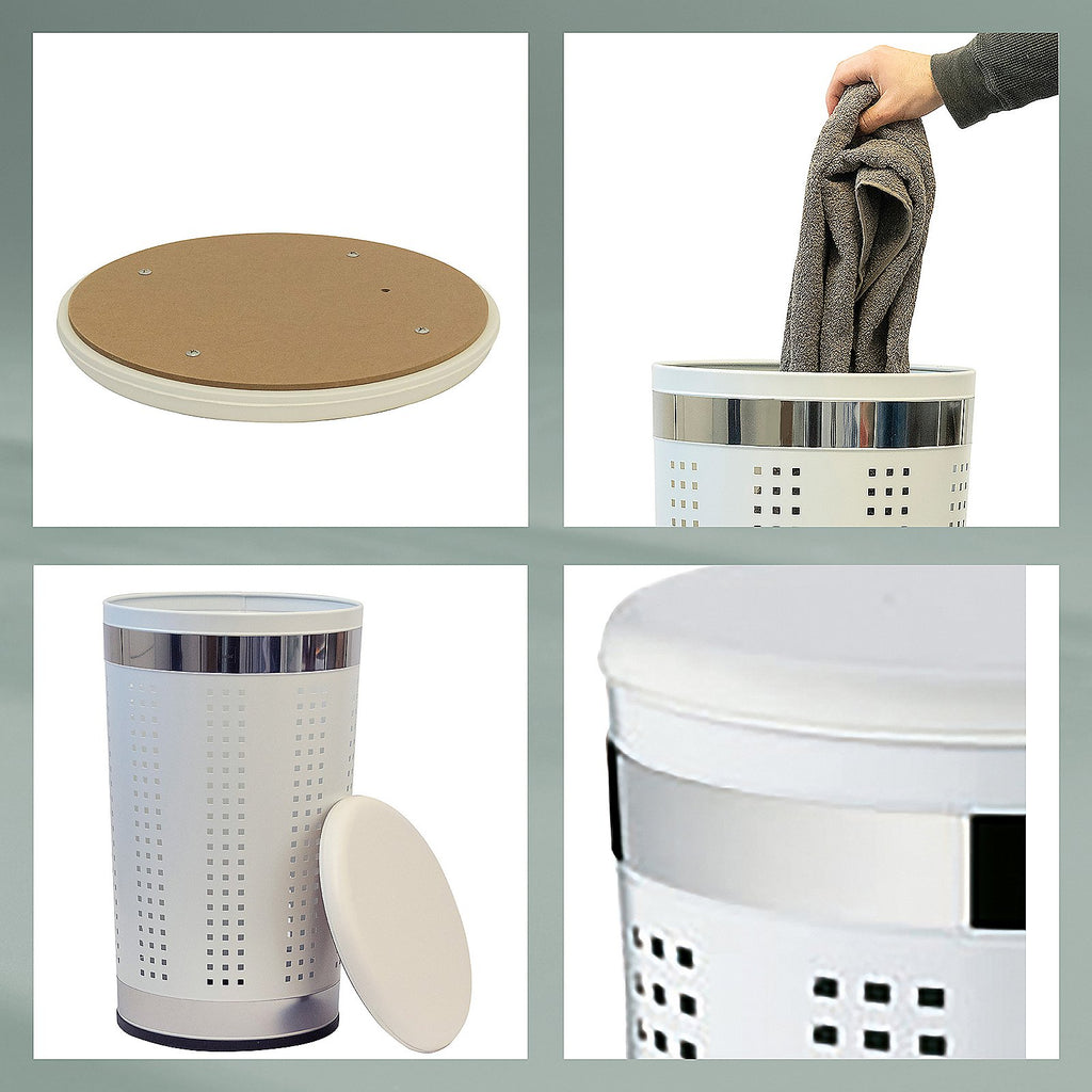 Wasmand met zitdeksel wit gecoat metaal Sevilla, Ø 35 cm hoog 60,5 cm, voor badkamer