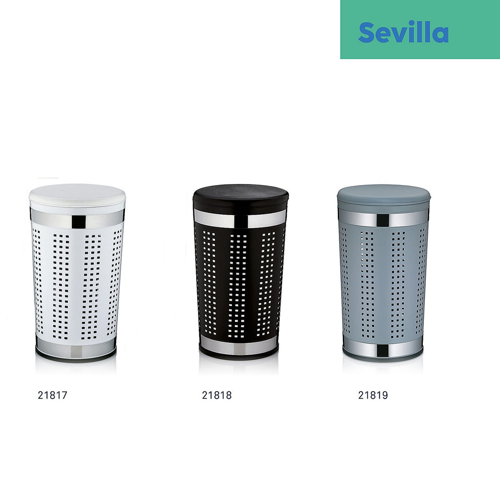Wasmand met zitdeksel wit gecoat metaal Sevilla, Ø 35 cm hoog 60,5 cm, voor badkamer