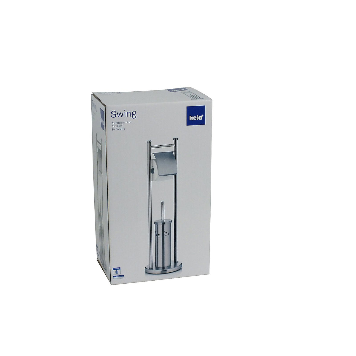 Toiletset staand roestvrijstaal geborsteld zilverkleurig, Swing, Ø 22 cm hoogte 77,5 cm, toiletborstel en rolhouder