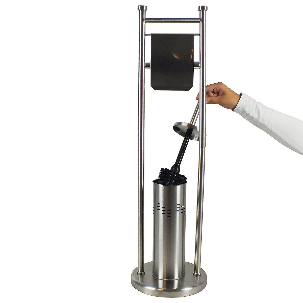 Toiletset staand roestvrijstaal geborsteld zilverkleurig, Swing, Ø 22 cm hoogte 77,5 cm, toiletborstel en rolhouder