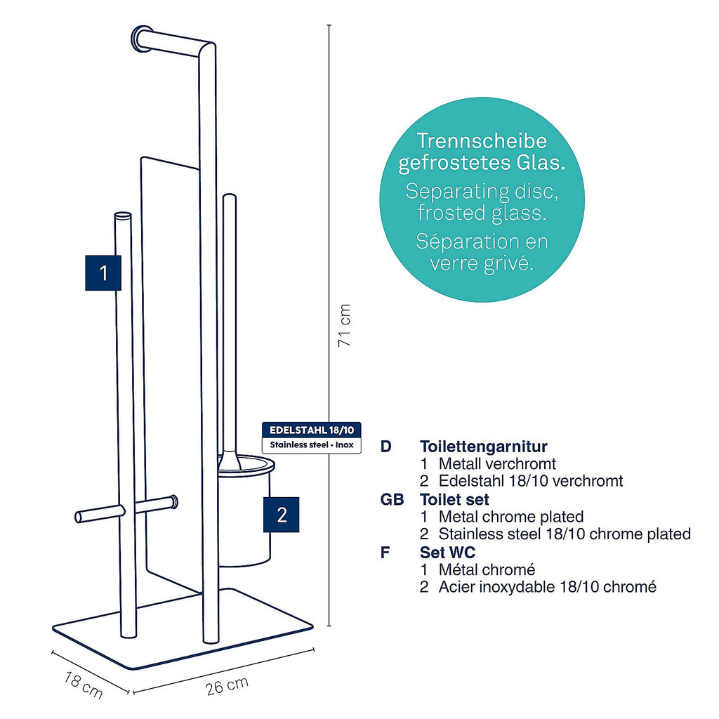 Toiletgarnituur staand roestvrijstaal zilverkleurig, met toiletborstel en toiletrolhouder, 71 cm hoog