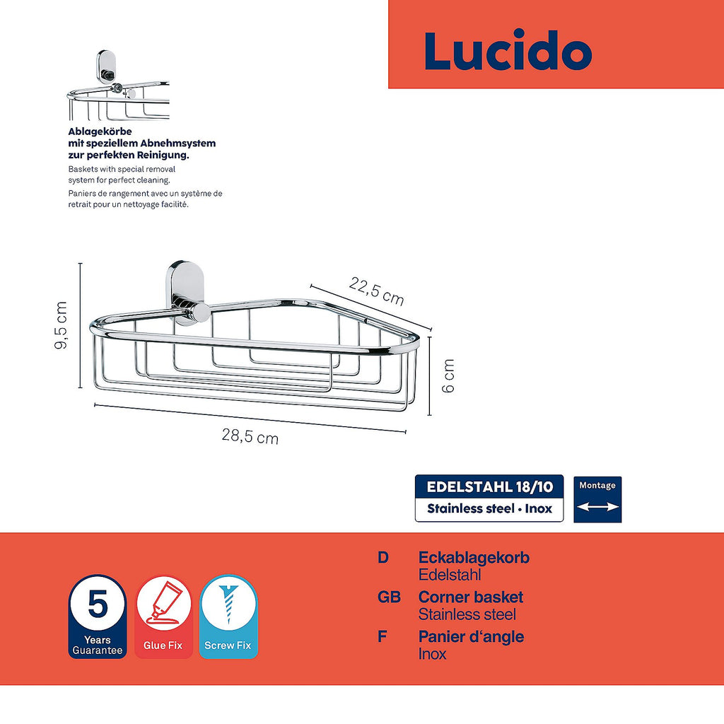 Douchemand hoek roestvrij staal 18/10 hoogglans Lucido, voor linkerzijde – 28,5 x 22,5 x 9,5 cm