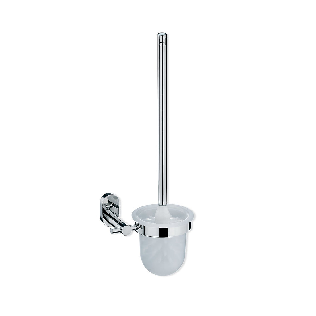 Wandgemonteerde toiletborstelhouder in hoogglans zilver met matte kunststof container en lange ronde steel