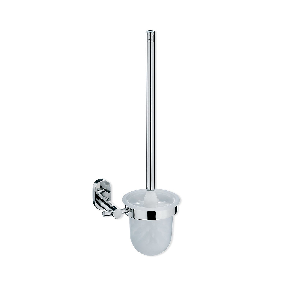Wandgemonteerde toiletborstelhouder in hoogglans zilver met matte kunststof container en lange ronde steel