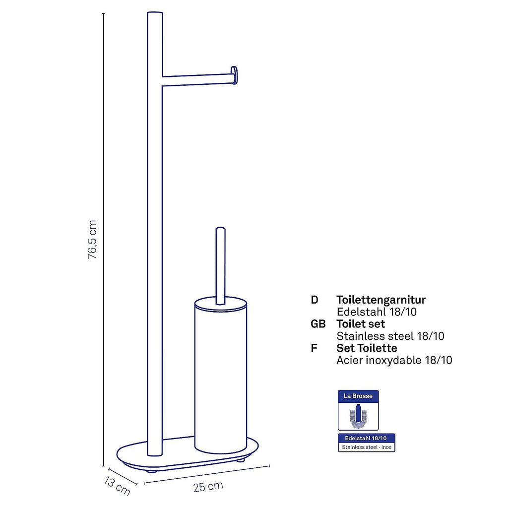 Toiletset toiletborstel en toiletrolhouder vrijstaand roestvrij staal Lucido zilver 76,5 cm voor de badkamer