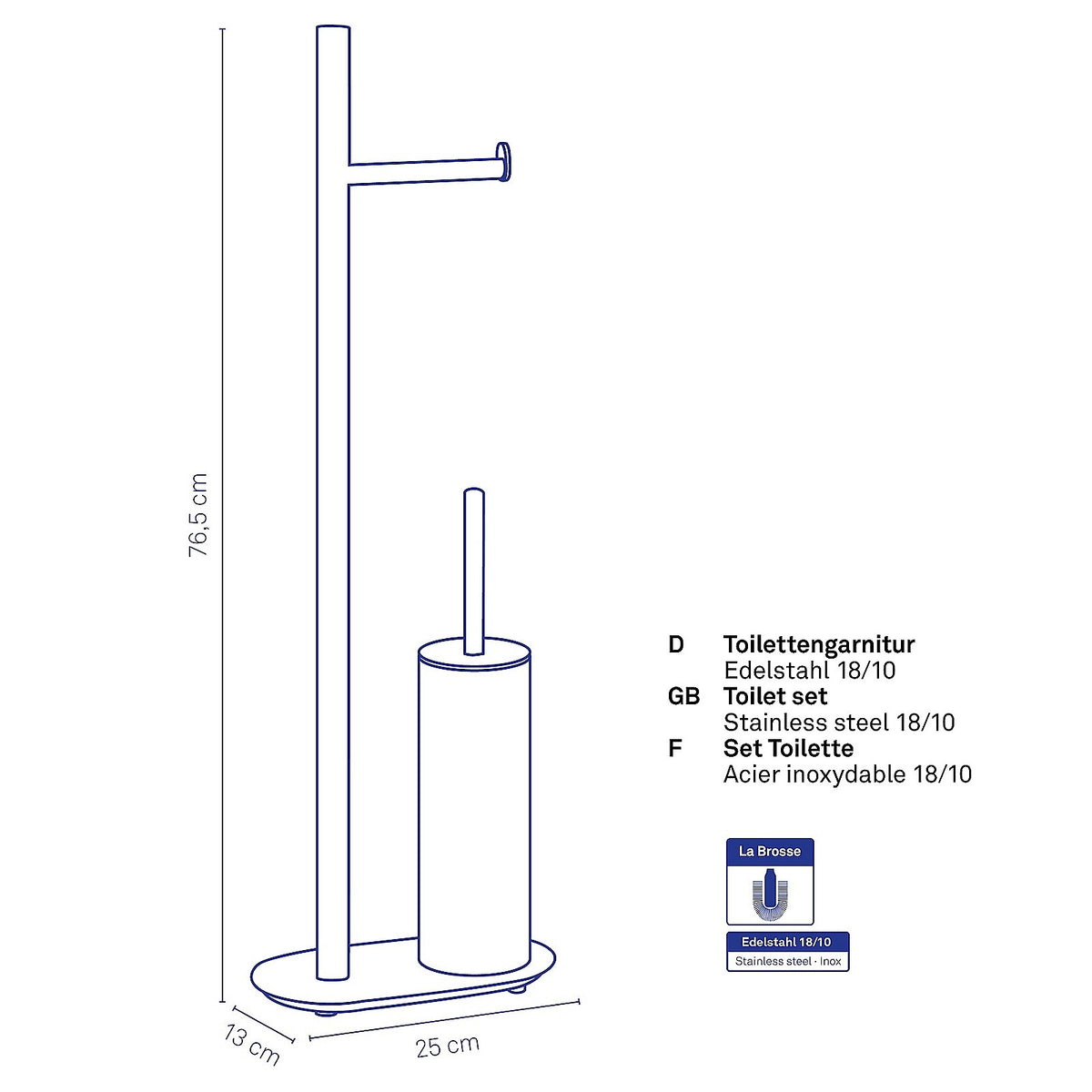 Toiletset toiletborstel en toiletrolhouder vrijstaand roestvrij staal Lucido zilver 76,5 cm voor de badkamer