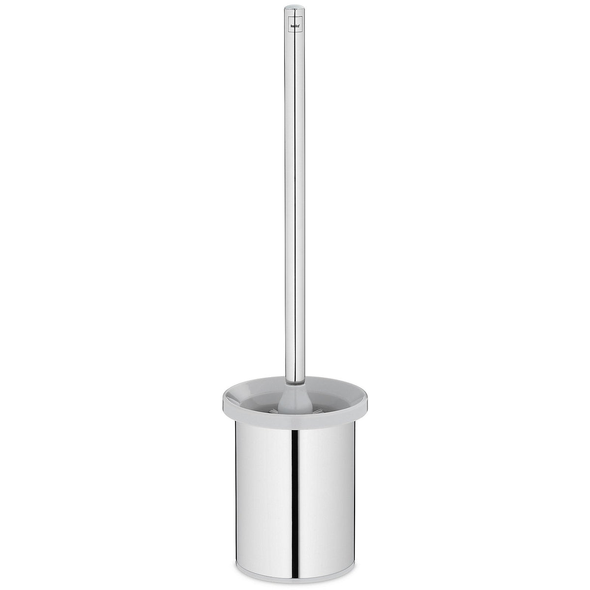 Vrijstaande toiletborstel met glanzend roestvrijstalen houder en lichtgrijze binnenbeker