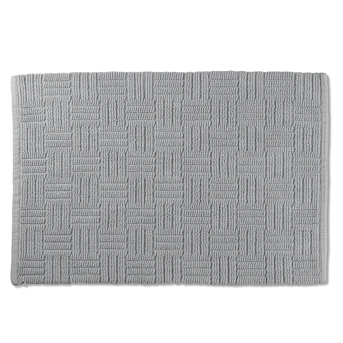 Rechthoekige steengrijze badmat van katoen met reliëfpatroon van geweven blokjes