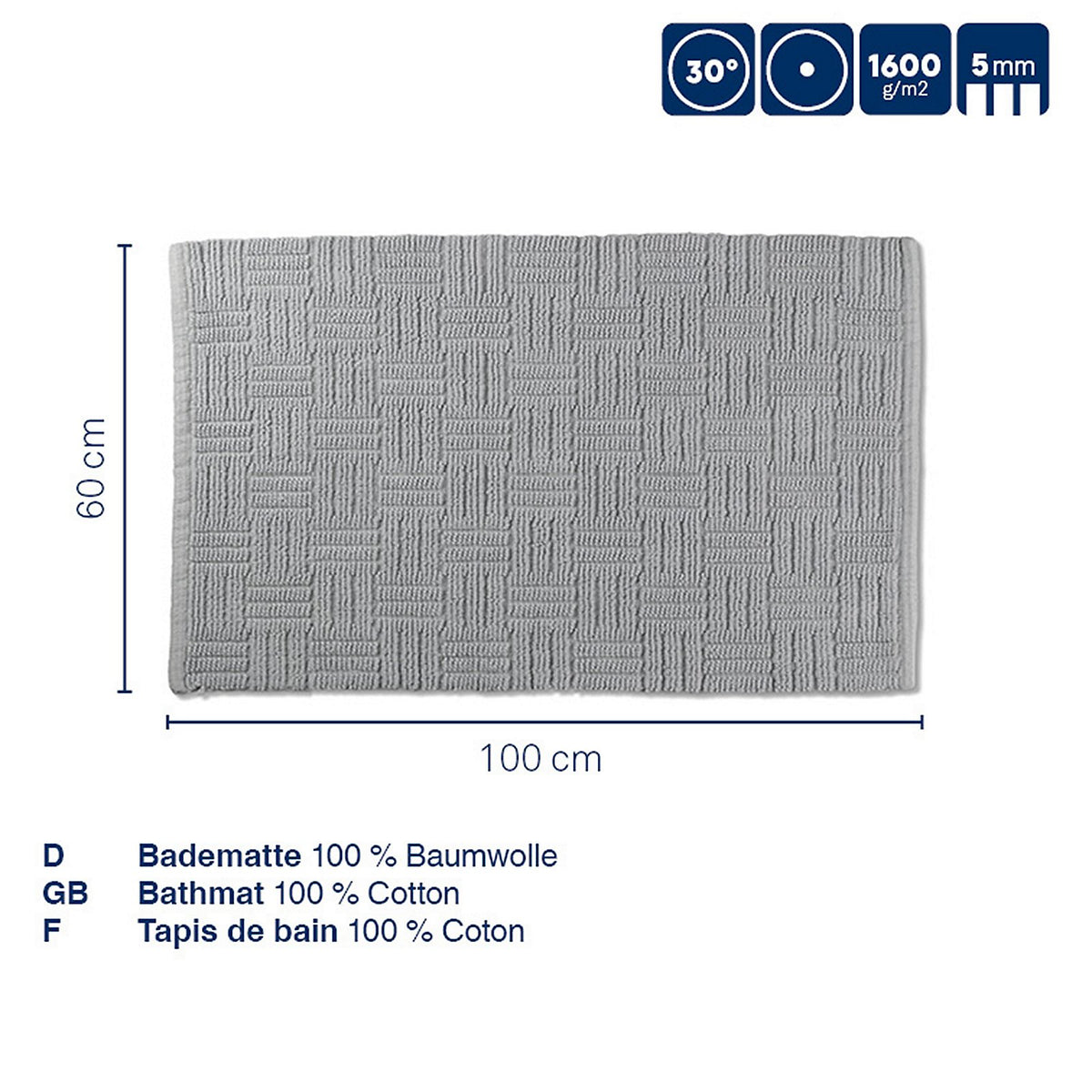 Badmat katoen Leana steengrijs 100 x 60 cm, met antisliprug voor de badkamer