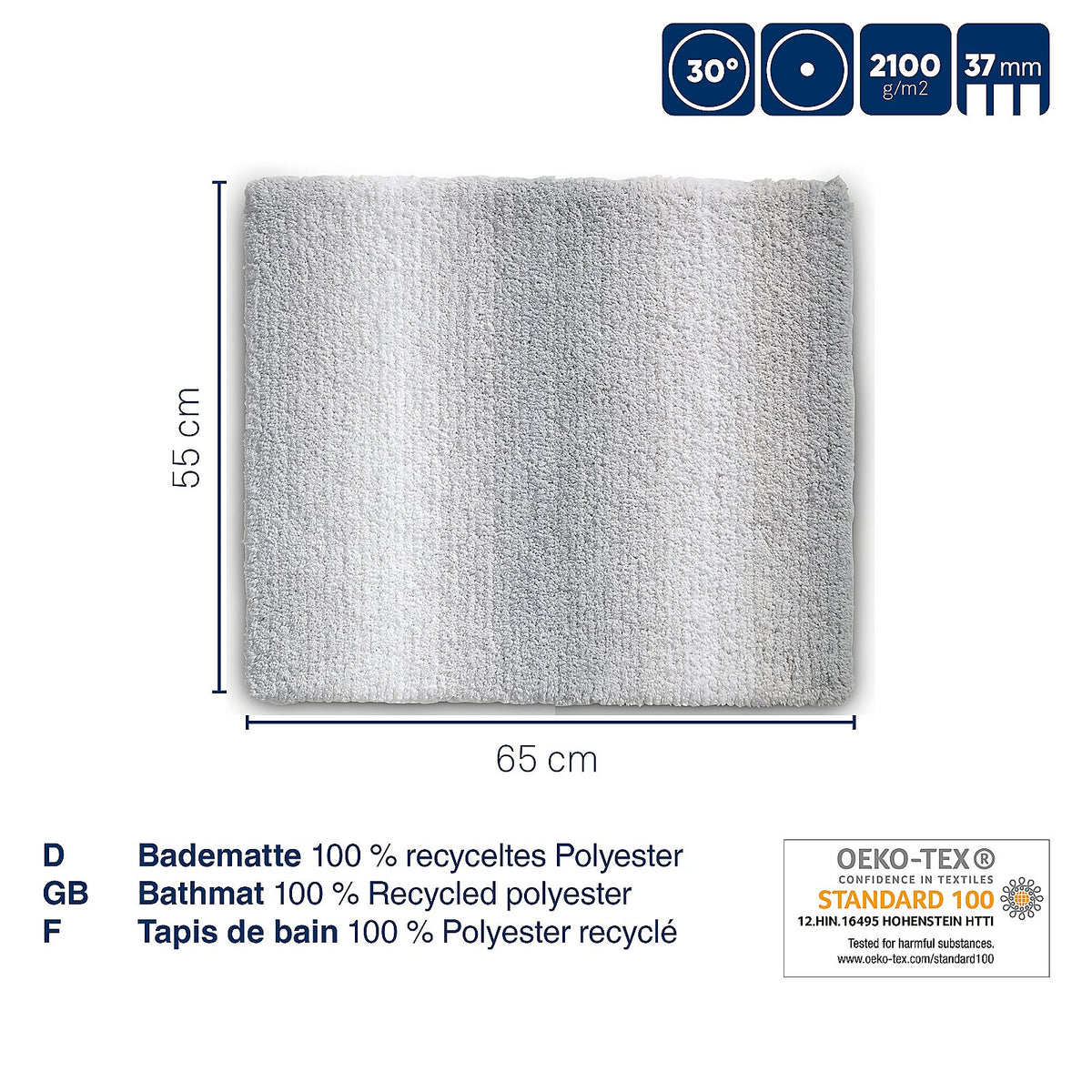 Badmat gerecycled polyester Ombre Freeze Blue, antislip, 65 x 55 cm, geschikt voor vloerverwarming