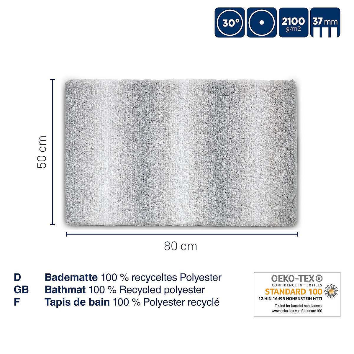 Badmat gerecycled polyester Ombre lichtblauw 80 x 50 cm, antislip en geschikt voor vloerverwarming