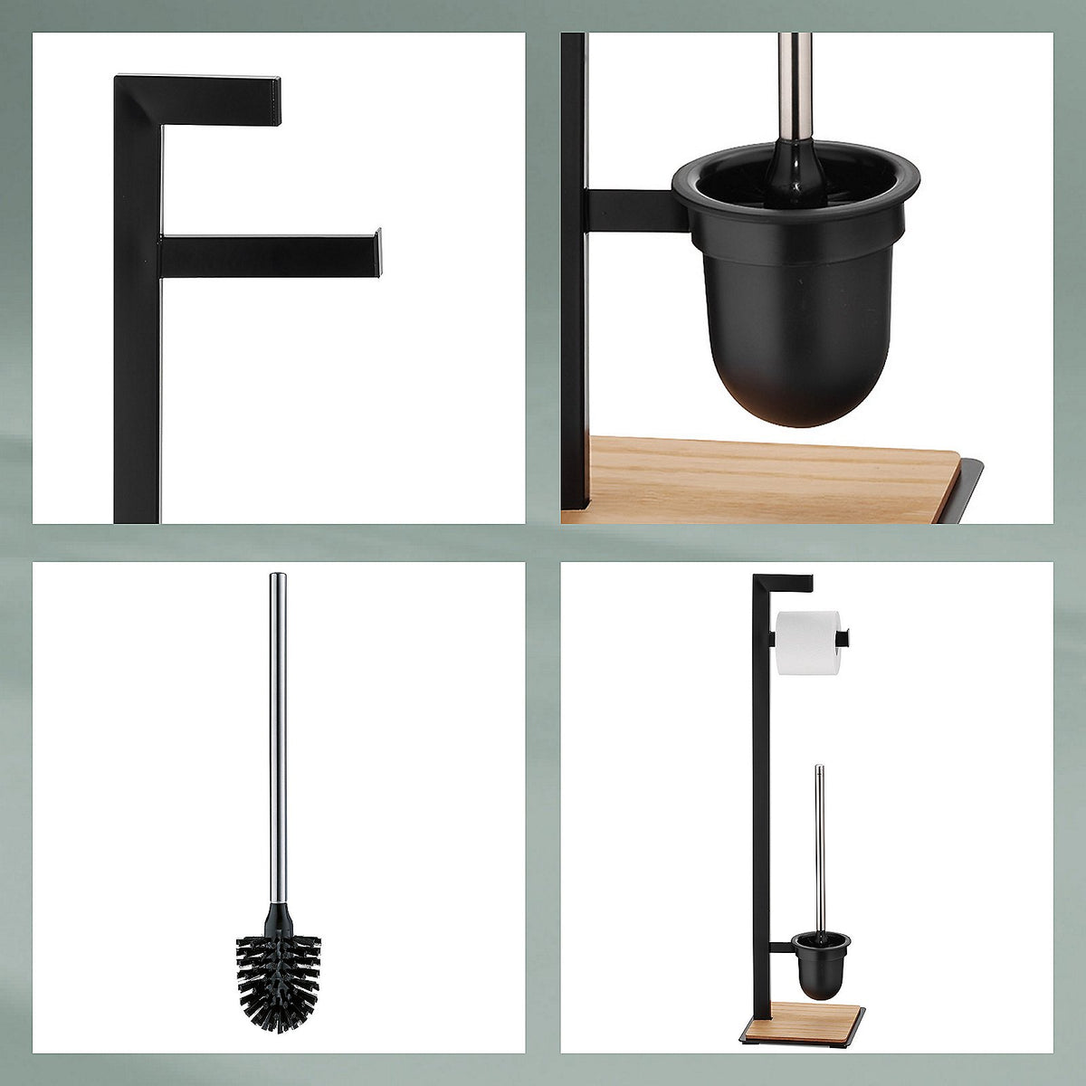 Toiletgarnituur metaal Oak zwart, met toiletborstel en toiletrolhouder, 82 cm hoog, badkamer