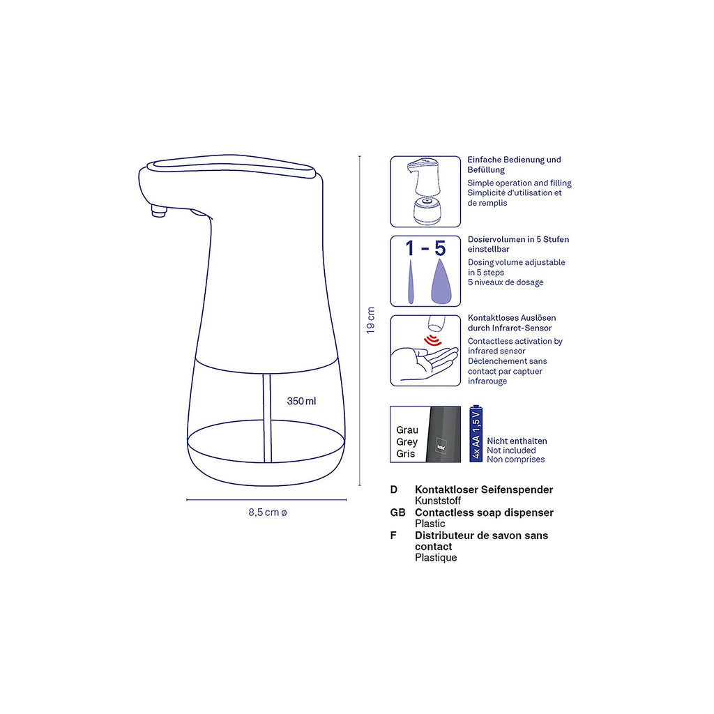 Zeepdispenser met sensor donkergrijs, contactloos met 5 doseerniveaus en automatische schoonmaakfunctie, Aurie Comfort