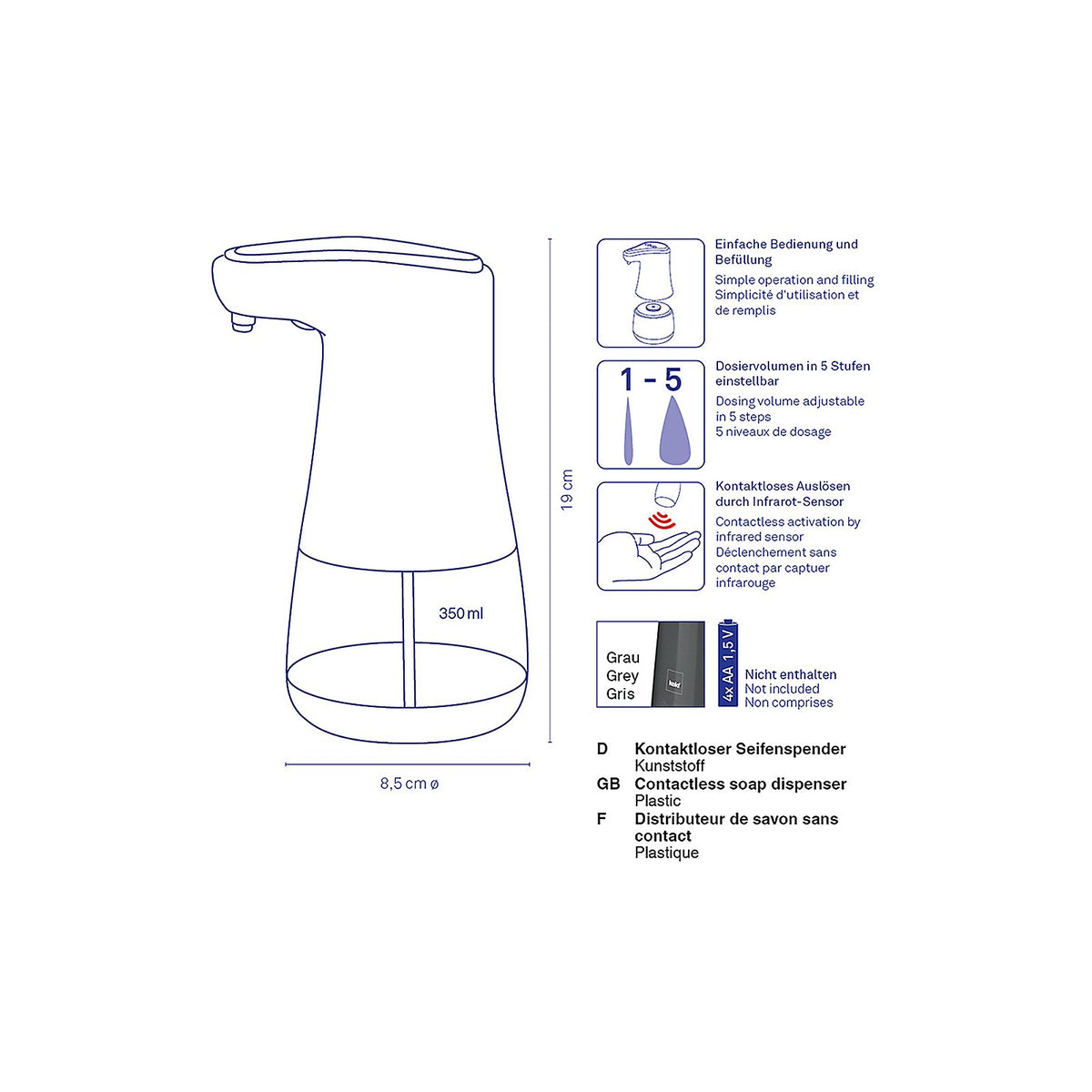 Zeepdispenser met sensor donkergrijs, contactloos met 5 doseerniveaus en automatische schoonmaakfunctie, Aurie Comfort