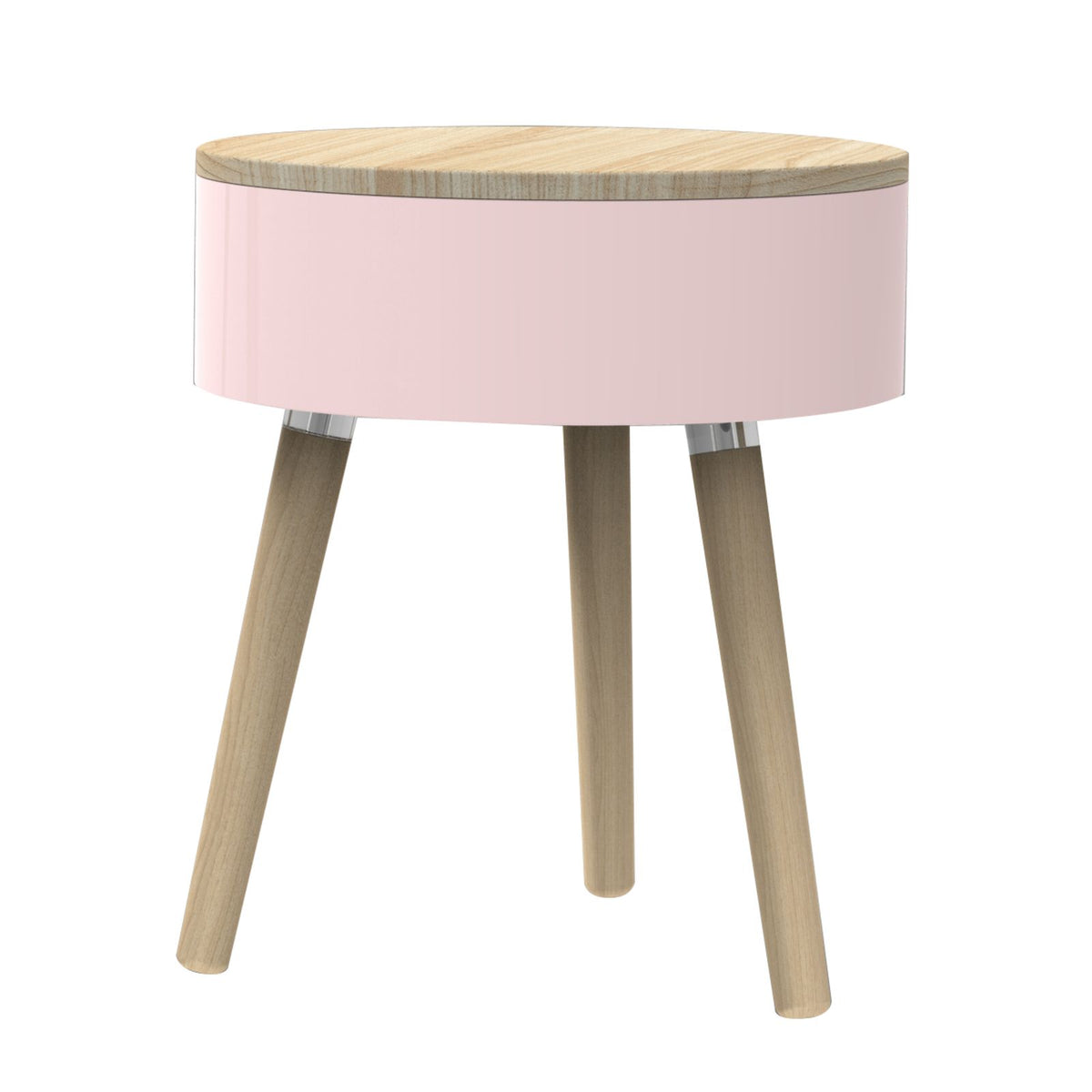Ronde roze bijzettafel met houten tafelblad en drie schuine houten poten