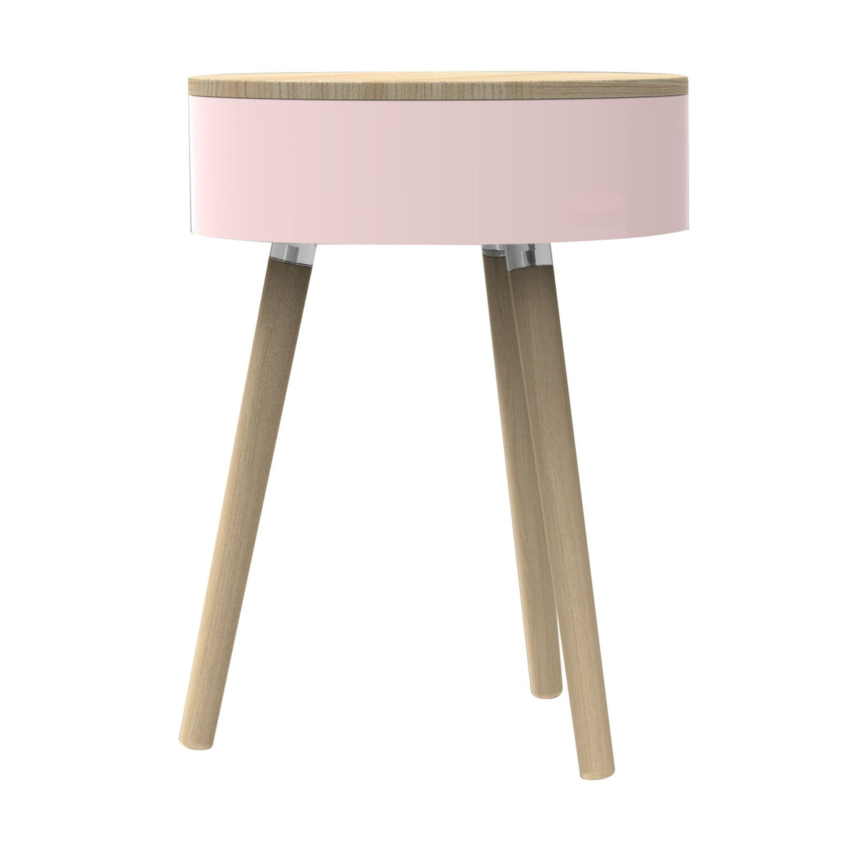 Ronde roze bijzettafel met houten blad en drie schuin geplaatste houten poten