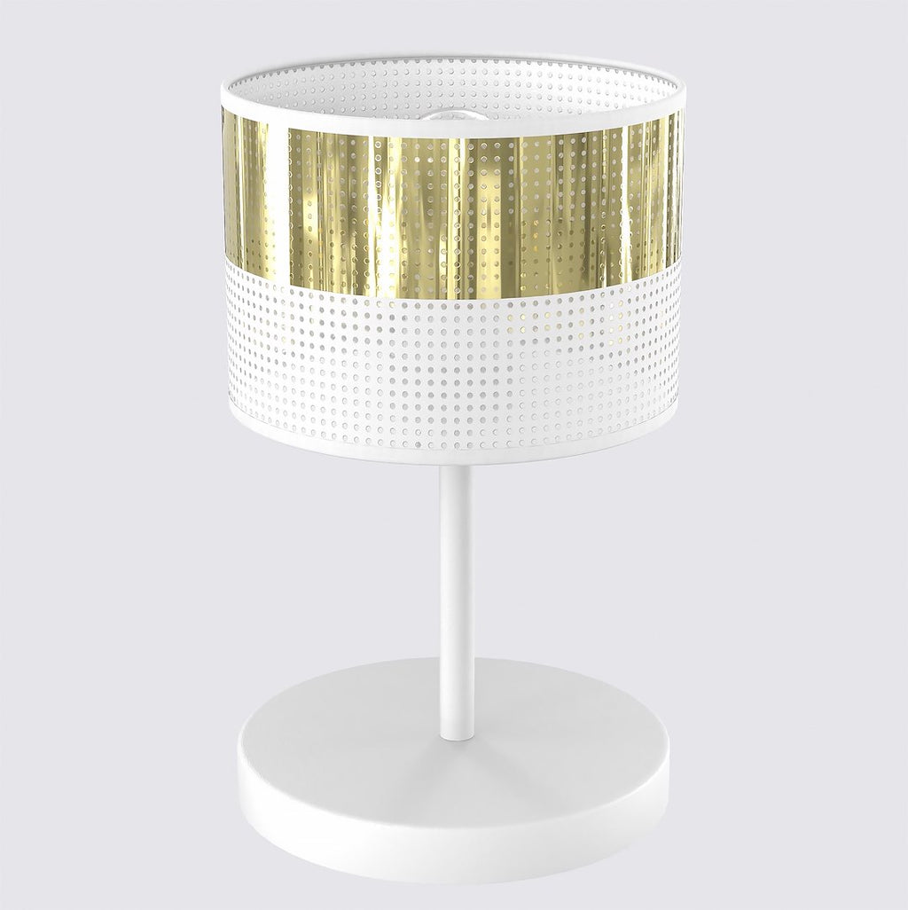Witte tafellamp met ronde voet en cilindrische kap met gaatjespatroon en gouden band