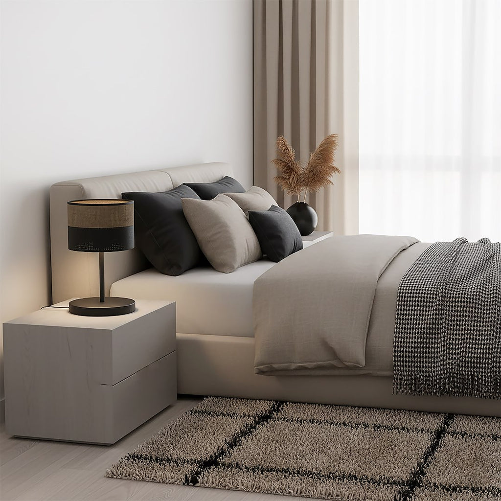 Tafellamp gepoedercoat staal minimalistisch Karbon, zwart met bruin stoffen kap Ø 20 cm, E27