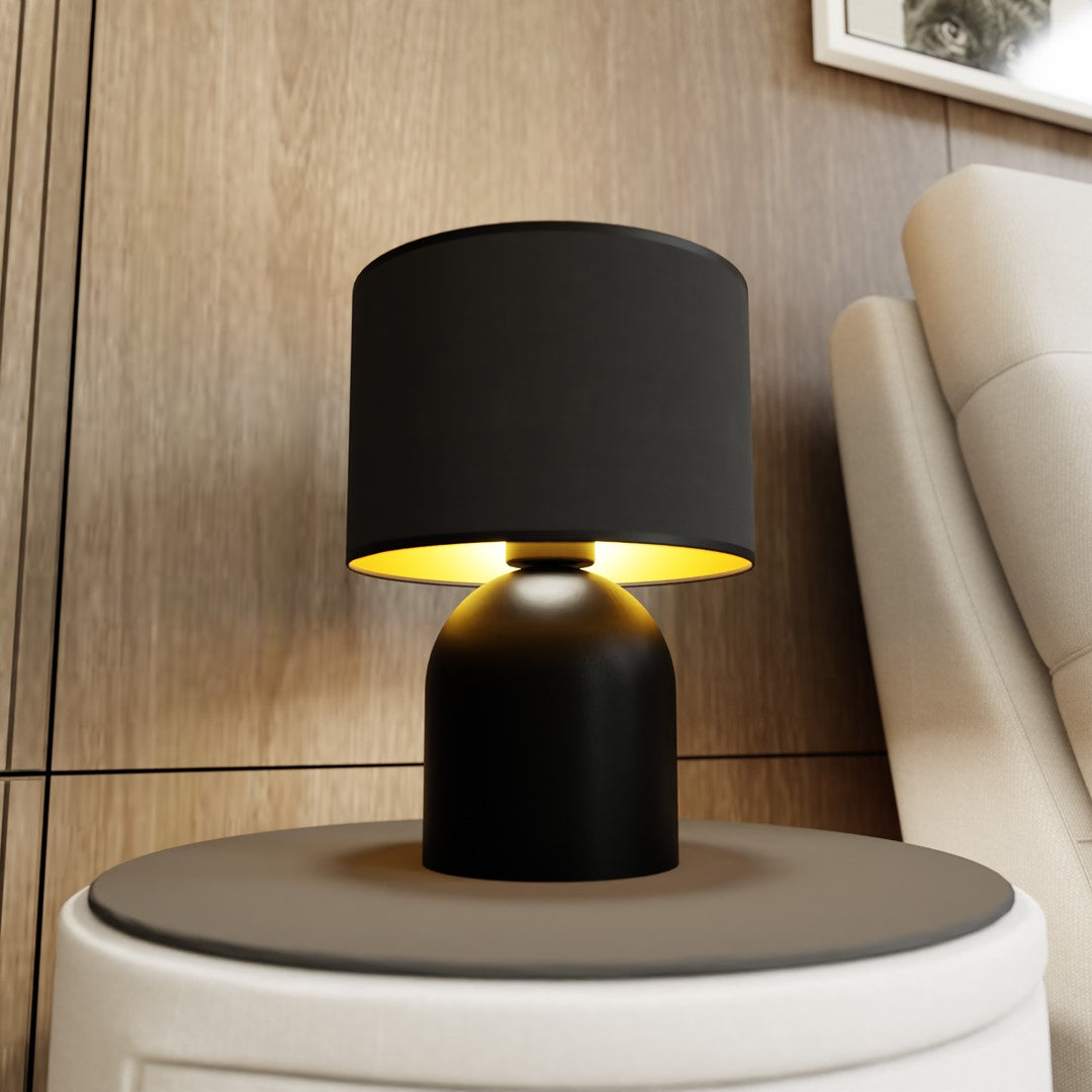 Tafellamp Aspen gepoedercoat staal zwart met goud, Scandinavisch, stoffen kap Ø 25 cm, E27