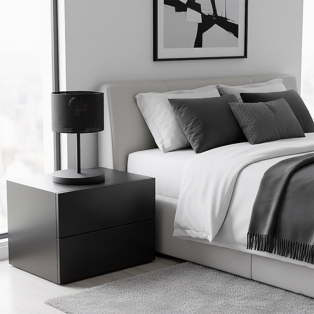 Tafellamp gepoedercoat staal met stoffen kap, modern, zwart, Ø 20 cm, E27 fitting voor bureau of nachtkastje
