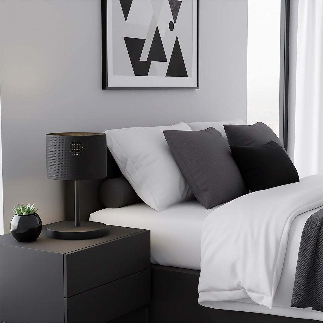 Tafellamp gepoedercoat staal met stoffen kap, modern, zwart, Ø 20 cm, E27 fitting voor bureau of nachtkastje