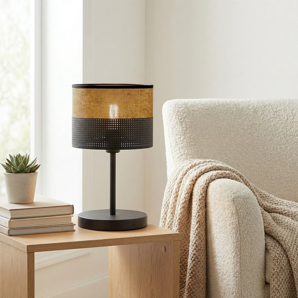 Tafellamp gepoedercoat staal minimalistisch Karbon, zwart met bruin stoffen kap Ø 20 cm, E27