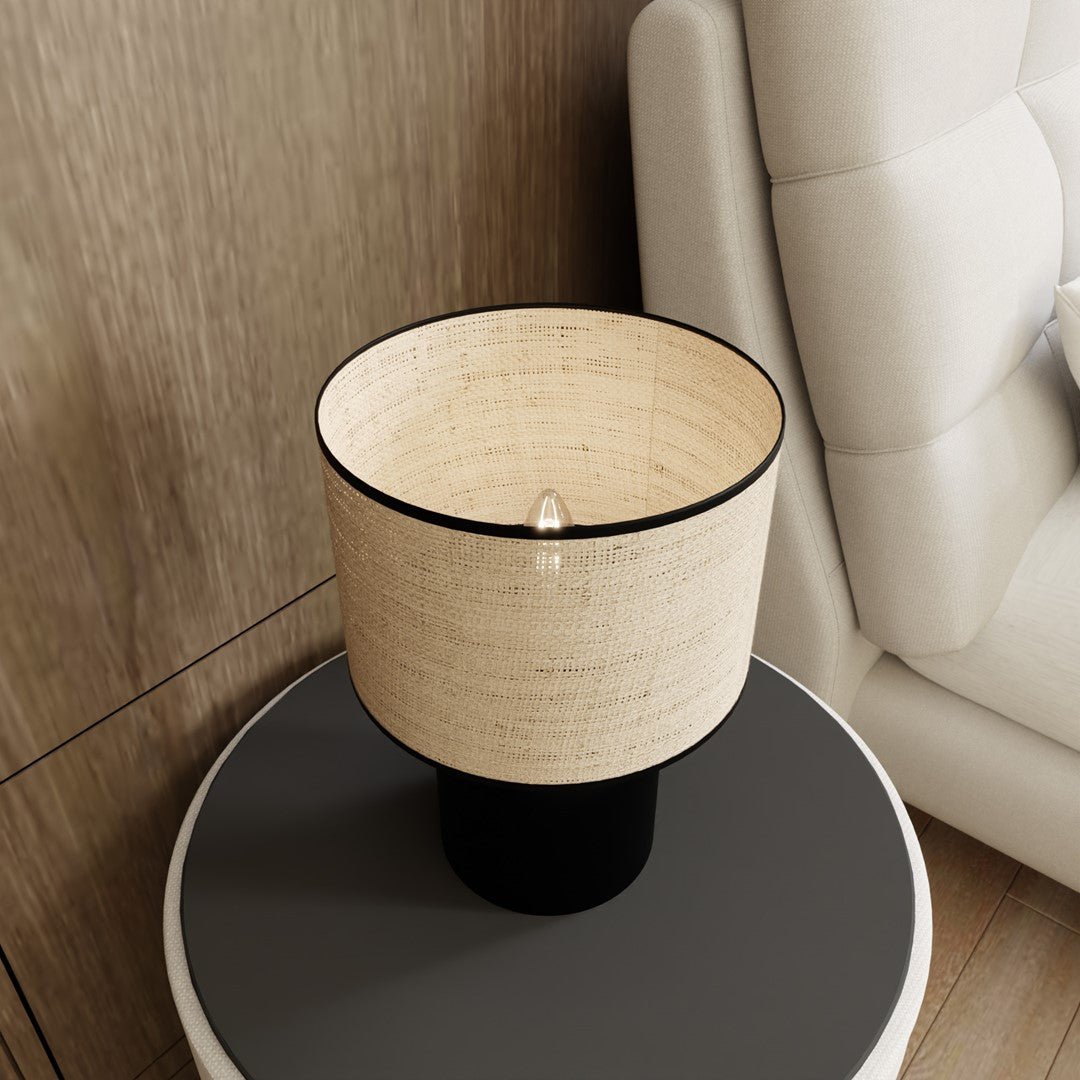 Tafellamp Aspen gepoedercoat staal zwart met rotankleurige stoffen kap Ø 25 cm, Scandinavisch, E27