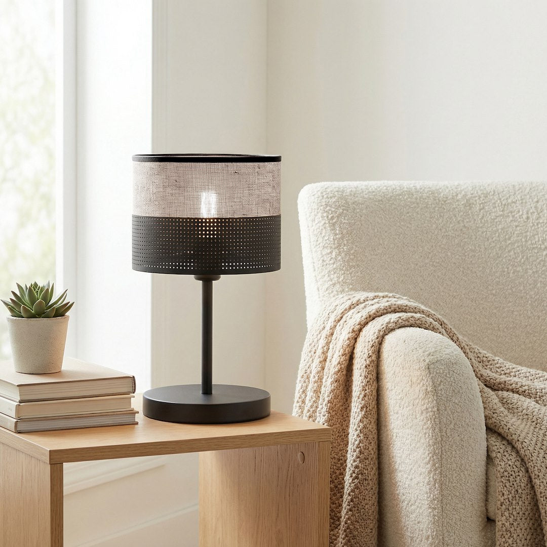 Tafellamp gepoedercoat staal met stoffen kap, minimalistisch, zwart en grijs, Ø 20 cm, E27