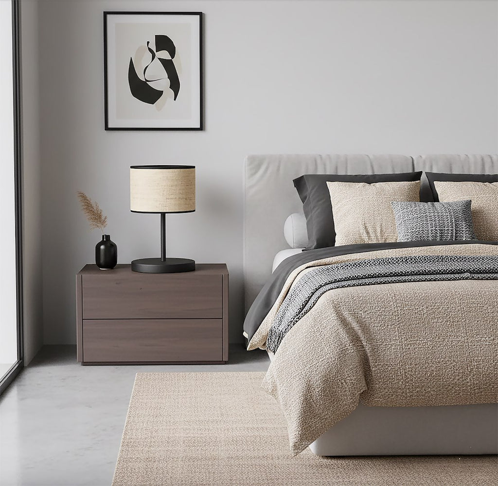 Tafellamp gepoedercoat staal en rotan, minimalistisch Eco, zwart met naturel kap Ø 20 cm, E27, voor bureau of nachtkastje