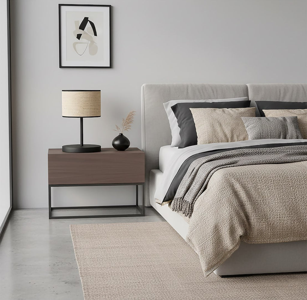 Tafellamp gepoedercoat staal en rotan, minimalistisch Eco, zwart met naturel kap Ø 20 cm, E27, voor bureau of nachtkastje