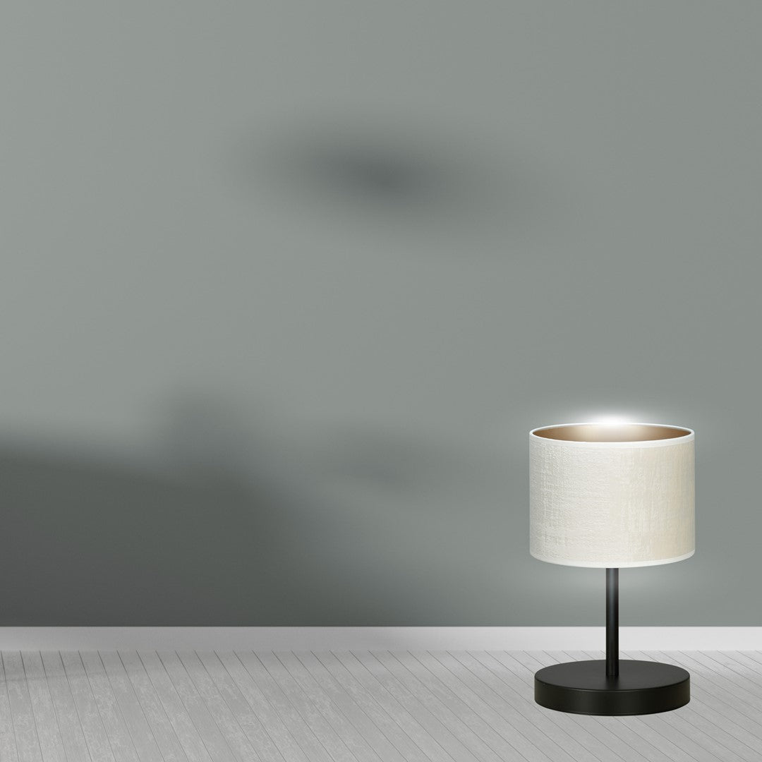 Tafellamp Hilde gepoedercoat staal en stof, minimalistisch, zwart met witte kap Ø 20 cm, voor woonkamer en slaapkamer