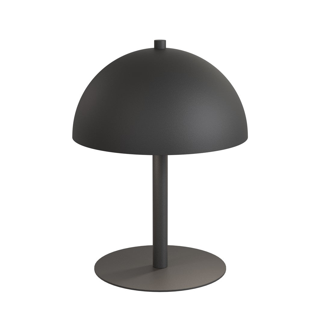Zwarte tafellamp met halfronde matte kap op een slanke stang en ronde voet