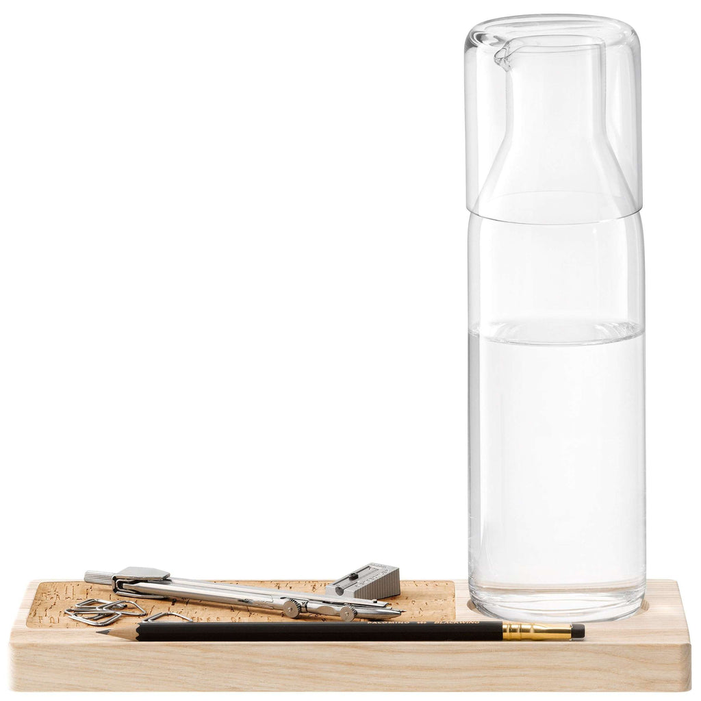 Karafset met houten plateau en glazen karaf, transparant naturel, 28 cm, voor op je bureau