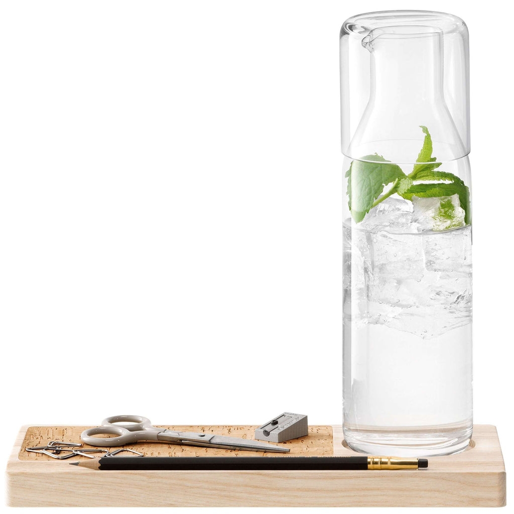 Karafset met houten plateau en glazen karaf, transparant naturel, 28 cm, voor op je bureau