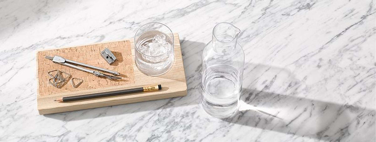 Karafset met houten plateau en glazen karaf, transparant naturel, 28 cm, voor op je bureau