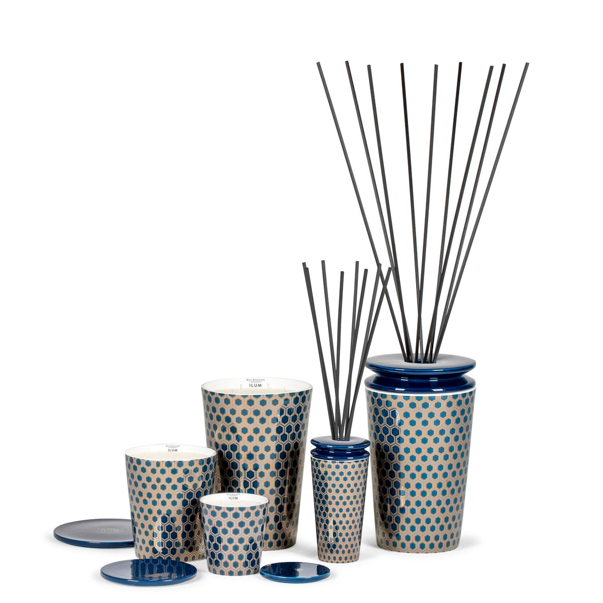 Geurkaars porselein Cologne Retro marineblauw met goud hexagonpatroon, 715 g, met deksel