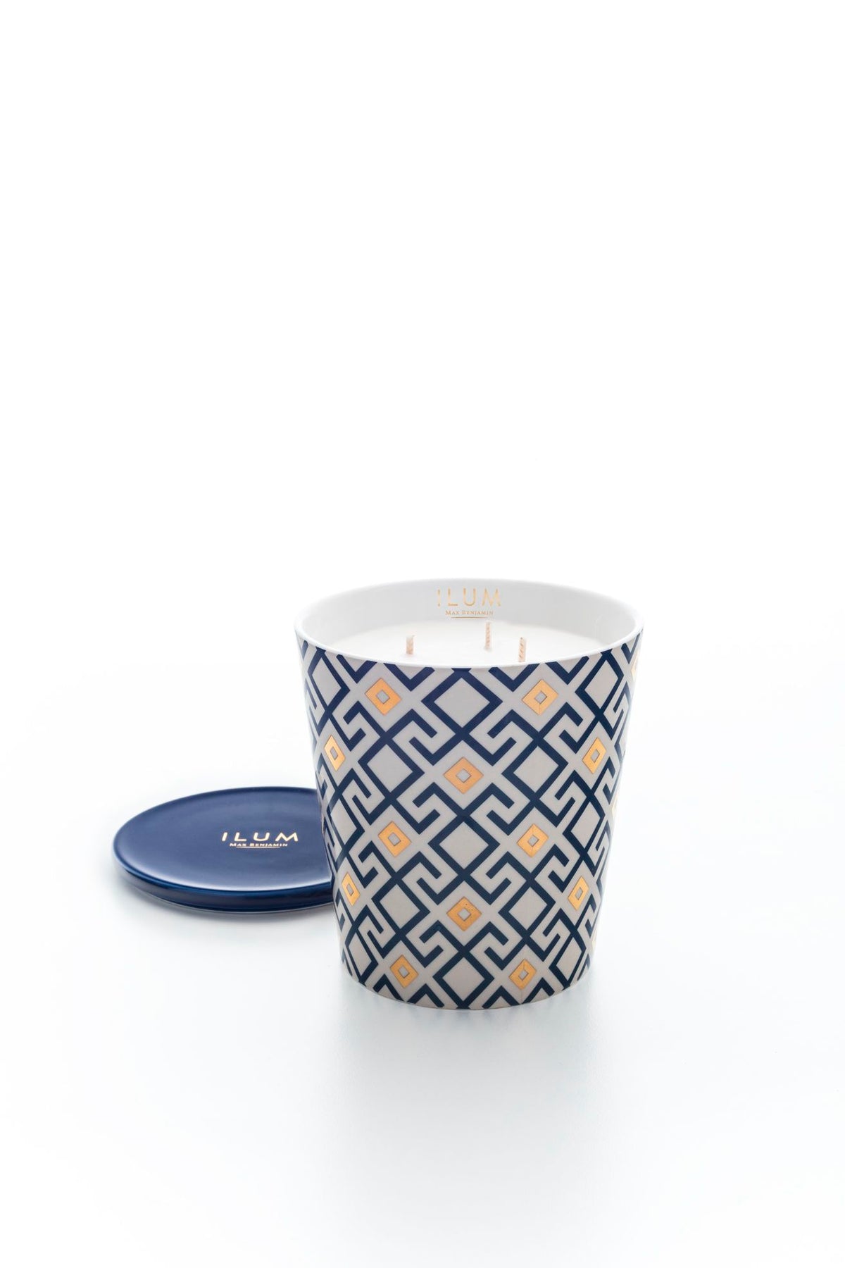 Geurkaars Fig Arabesque porselein blauw wit, vijgengeur, geometrisch motief met deksel, klein