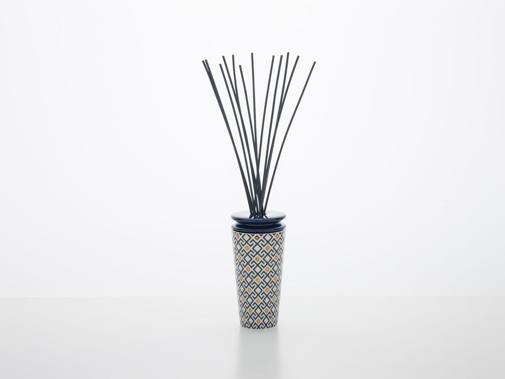 Geurdiffuser porselein Fig Arabesque, blauw met wit en goud, klein model voor woonkamer en slaapkamer